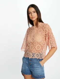 Chemises Et Blouses>Morgan Blouse Manches Courtes En Dentelle Rose Moyen Femme | Rose_Moyen