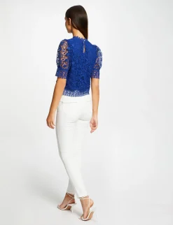 Chemises Et Blouses>Morgan Blouse Manches Courtes En Dentelle Bleu Electrique Femme | Bleu_Electrique