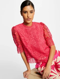 Chemises Et Blouses>Morgan Blouse Manches Courtes En Dentelle Rose Moyen Femme | Rose_Moyen