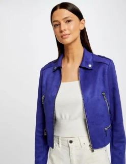 Vestes Et Blousons>Morgan Blouson Droit Aspect Suedine Bleu Moyen Femme | Bleu_Moyen