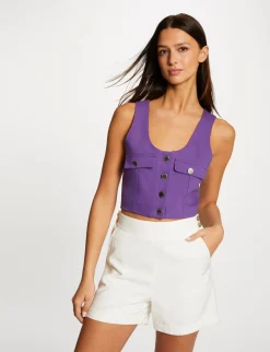 Tops Et T-Shirts>Morgan Crop Top Boutonne Sans Manches Violet Fonce Femme | Violet_Fonce