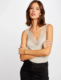 Tops Et T-Shirts>Morgan Debardeur Bretelles Larges Avec Dentelle Femme | Mastic