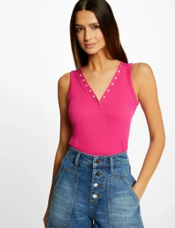Tops Et T-Shirts>Morgan Debardeur Bretelles Larges Effet Cotele Rose Fonce Femme | Rose_Fonce