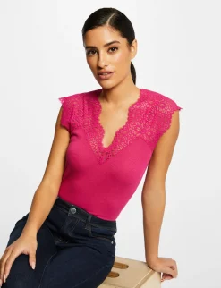 Tops Et T-Shirts>Morgan Debardeur Bretelles Larges En Dentelle Rose Fonce Femme | Rose_Fonce