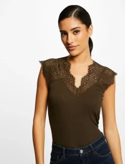 Tops Et T-Shirts>Morgan Debardeur Bretelles Larges En Dentelle Vert Kaki Femme | Vert_Kaki