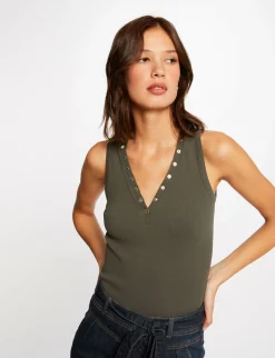 Tops Et T-Shirts>Morgan Debardeur Bretelles Larges Effet Cotele Vert Kaki Femme | Vert_Kaki