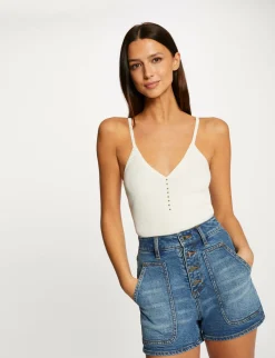 Tops Et T-Shirts>Morgan Debardeur Pull Col En V Avec Perles Ecru Moyen Femme | Ecru_Moyen