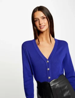 Gilets>Morgan Gilet Col En V Manches Longues Bleu Moyen Femme | Bleu_Moyen