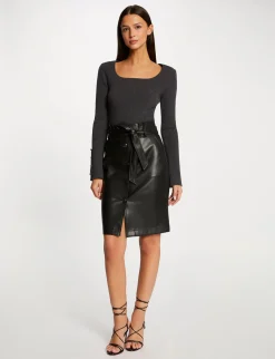 Jupes>Morgan Jupe Droite Ceinturee Simili Cuir Femme | Noir
