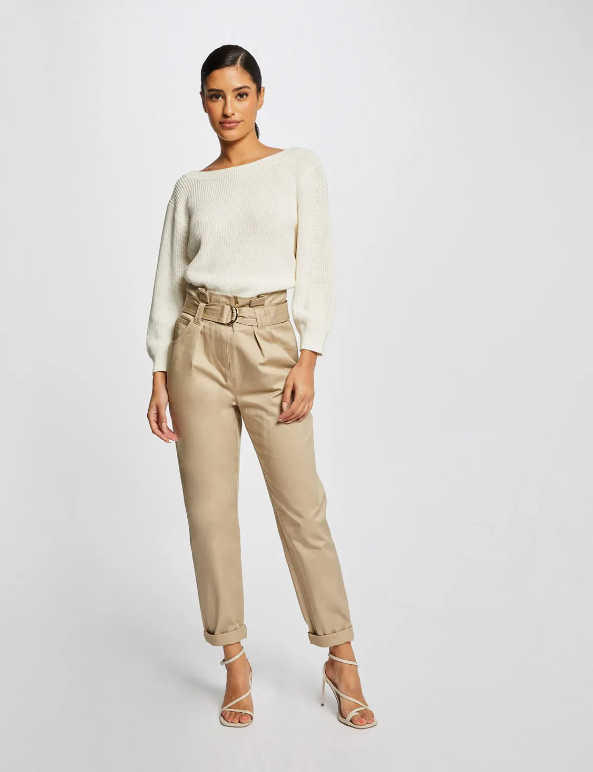Pantalons>Morgan Pantalon Carotte Ceinturee Femme | Beige