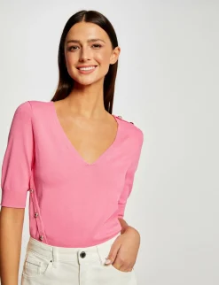 Pulls>Morgan Pull Manches 3/4 Avec Boutons Femme | Rose