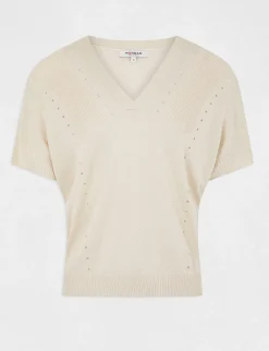 Pulls>Morgan Pull Manches Courtes A Col En V Femme | Beige