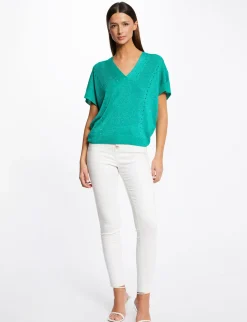 Pulls>Morgan Pull Manches Courtes A Col En V Vert Clair Femme | Vert_Clair