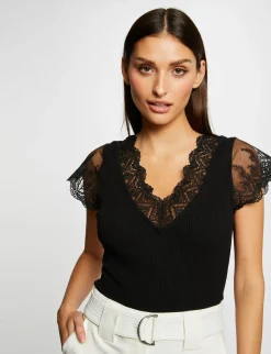 Pulls>Morgan Pull Manches Courtes A Dentelle Femme | Noir