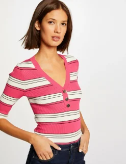 Pulls>Morgan Pull Manches Courtes A Rayures Femme | Fuchsia