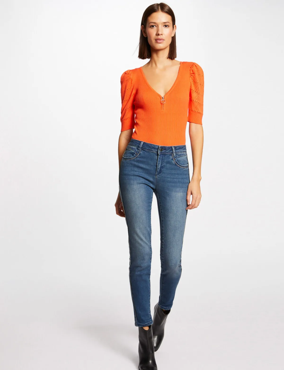 Pulls>Morgan Pull Manches Courtes Avec Col En V Femme | Orange