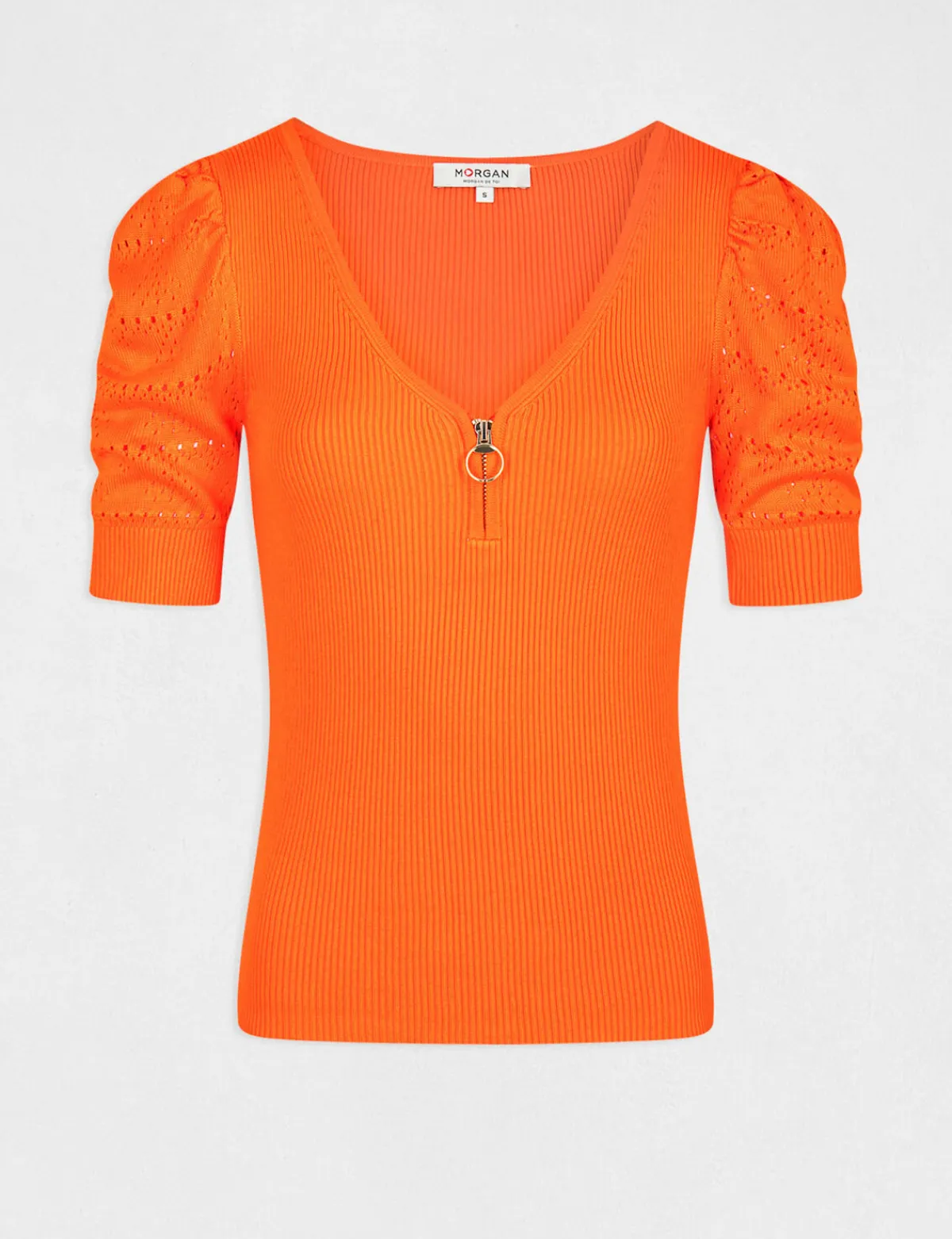 Pulls>Morgan Pull Manches Courtes Avec Col En V Femme | Orange