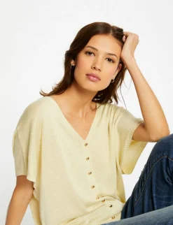 Pulls>Morgan Pull Manches Courtes Avec Boutons Jaune Paille Femme | Jaune_Paille