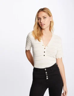 Pulls>Morgan Pull Manches Courtes Details Ajoures Femme | Ivoire