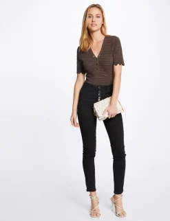 Pulls>Morgan Pull Manches Courtes Details Ajoures Vert Kaki Femme | Vert_Kaki