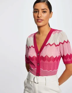 Pulls>Morgan Pull Manches Courtes Imprime Chevron Rose Fonce Femme | Rose_Fonce