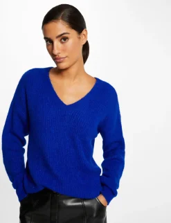 Pulls>Morgan Pull Manches Longues A Col En V Bleu Electrique Femme | Bleu_Electrique