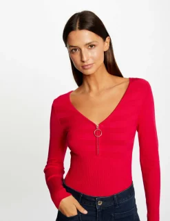 Pulls>Morgan Pull Manches Longues A Detail Zippe Rose Moyen Femme | Rose_Moyen