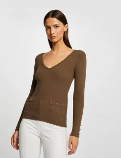Pulls>Morgan Pull Manches Longues Cotele A Col En V Vert Moyen Femme | Vert_Moyen