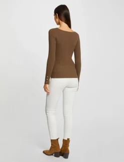 Pulls>Morgan Pull Manches Longues Cotele A Col En V Vert Moyen Femme | Vert_Moyen
