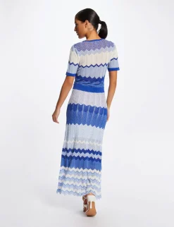 Robes>Morgan Robe Pull Longue Droite Imprime Chevron Bleu Moyen Femme | Bleu_Moyen
