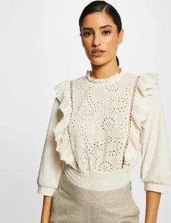 Tops Et T-Shirts>Morgan T-Shirt Manches 3/4 Avec Broderie Femme | Ivoire