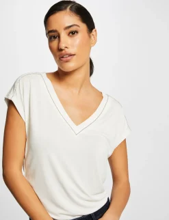 Tops Et T-Shirts>Morgan T-Shirt Manches Courtes A Col En V Femme | Ecru