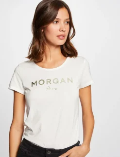 Tops Et T-Shirts>Morgan T-Shirt Manches Courtes A Inscription Femme | Ecru