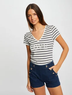 Tops Et T-Shirts>Morgan T-Shirt Manches Courtes A Rayures Femme | Marine