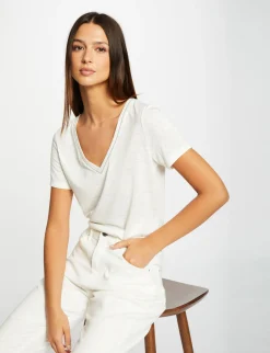 Tops Et T-Shirts>Morgan T-Shirt Manches Courtes A Col En V Femme | Ecru