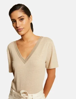 Tops Et T-Shirts>Morgan T-Shirt Manches Courtes A Col En V Femme | Beige