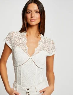 Tops Et T-Shirts>Morgan T-Shirt Manches Courtes A Dentelle Femme | Ecru