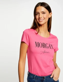 Tops Et T-Shirts>Morgan T-Shirt Manches Courtes A Inscription Femme | Fuchsia