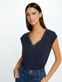 Tops Et T-Shirts>Morgan T-Shirt Manches Courtes A Col En V Femme | Marine