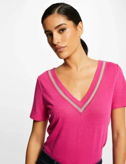 Tops Et T-Shirts>Morgan T-Shirt Manches Courtes A Details Bijoux Rose Fonce Femme | Rose_Fonce