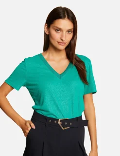 Tops Et T-Shirts>Morgan T-Shirt Manches Courtes A Col En V Vert Moyen Femme | Vert_Moyen
