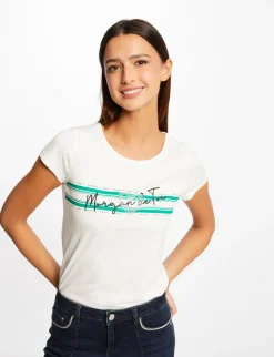 Tops Et T-Shirts>Morgan T-Shirt Manches Courtes A Inscription Vert Moyen Femme | Vert_Moyen