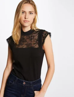 Tops Et T-Shirts>Morgan T-Shirt Manches Courtes Avec Dentelle Femme | Noir