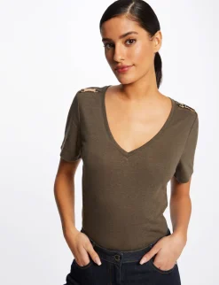 Tops Et T-Shirts>Morgan T-Shirt Manches Courtes Avec Ornements Vert Kaki Femme | Vert_Kaki