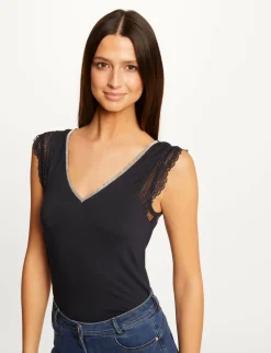 Tops Et T-Shirts>Morgan T-Shirt Manches Courtes Avec Dentelle Femme | Marine