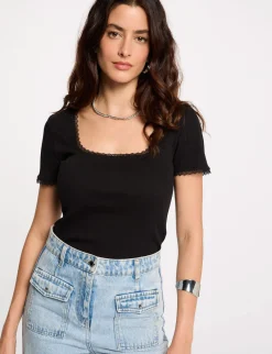 Tops Et T-Shirts>Morgan T-Shirt Manches Courtes Cotele Femme | Noir