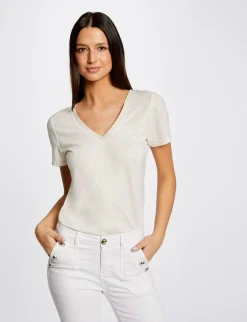 Tops Et T-Shirts>Morgan T-Shirt Manches Courtes Col En V Femme | Ecru
