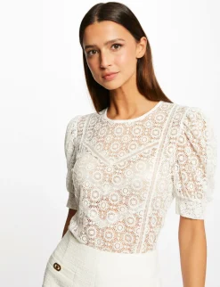 Tops Et T-Shirts>Morgan T-Shirt Manches Courtes En Dentelle Femme | Ecru