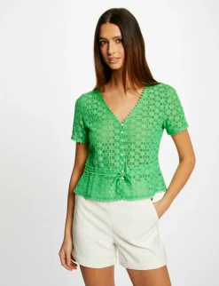 Tops Et T-Shirts>Morgan T-Shirt Manches Courtes En Dentelle Femme | Vert