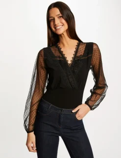 Tops Et T-Shirts>Morgan T-Shirt Manches Longues A Plumetis Femme | Noir
